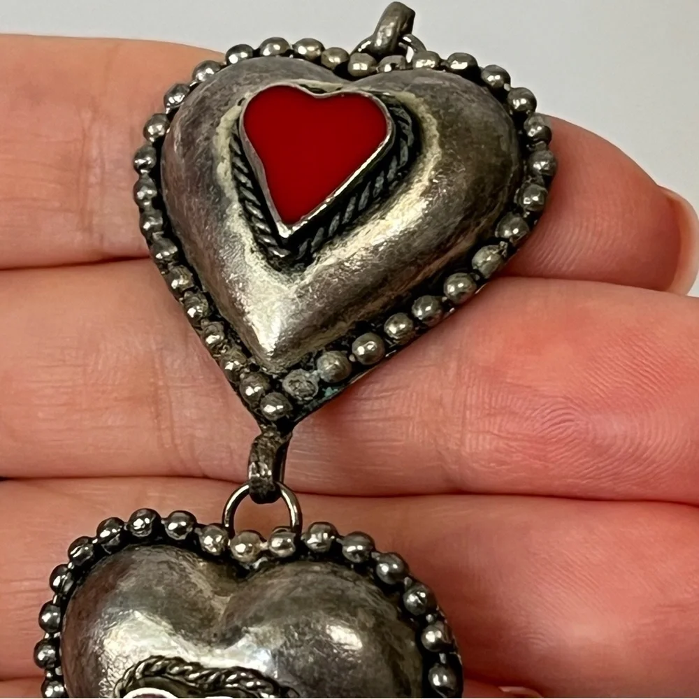 Vintage Silver Red Puffy Hearts Bracelet